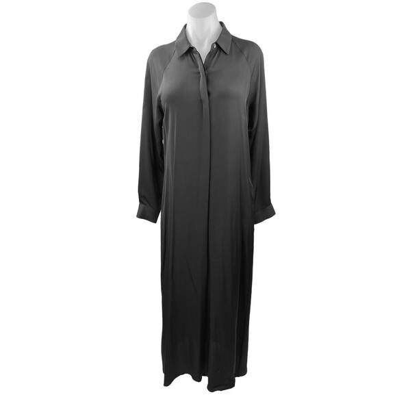 Theory Black 100% Silk Button Down Long Sleeve Collar Maxi Shirt Dress Size 8 - Picture 1 of 5